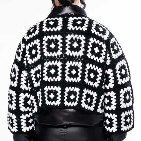Miz Puffer Crochet: Detachable Contrast Knit Cardigan Vinyl Winter Coat L XL - Picture 7 of 17